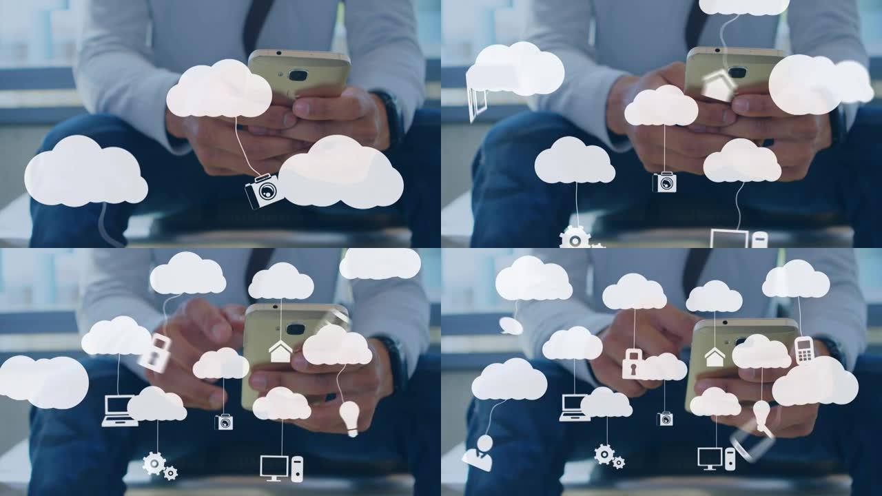 使用智能手机在人上播放云和数字图标的动画