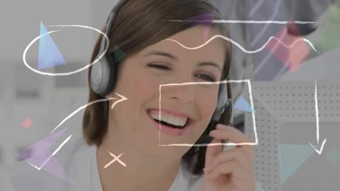 使用电话耳机在女商人身上绘制彩色线条和箭头的动画