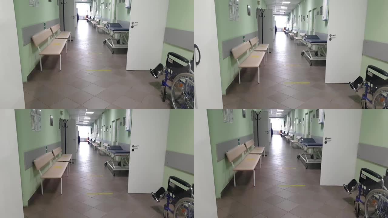 医院走廊。医院走廊和轮椅。