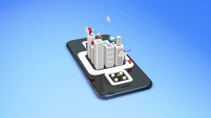 卡通等距3D智慧城市概念。智能平板电脑上的未来生活。