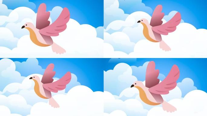 蓝色多云天空背景上的粉红鸟动画