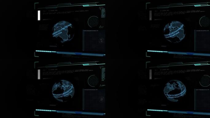 屏幕上有数字、范围扫描和数据处理的地球仪动画