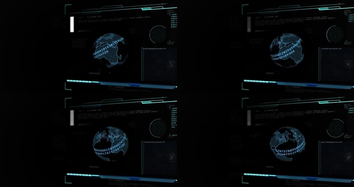 屏幕上有数字、范围扫描和数据处理的地球仪动画