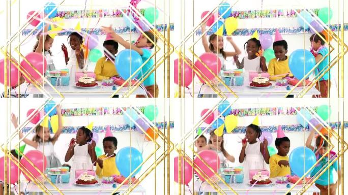 各种快乐的孩子的动画，气球和食物在派对上玩得开心，白色