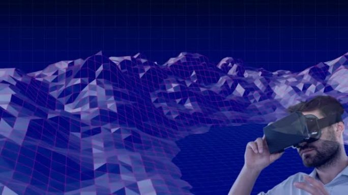 白人男子戴着虚拟现实耳机对着蓝色背景旋转的3d山地结构