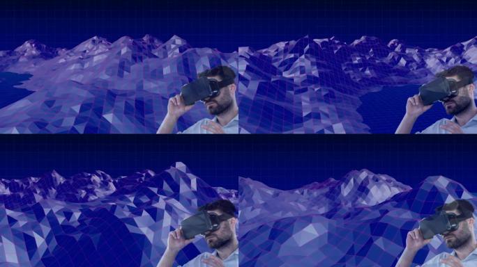 白人男子戴着虚拟现实耳机对着蓝色背景旋转的3d山地结构