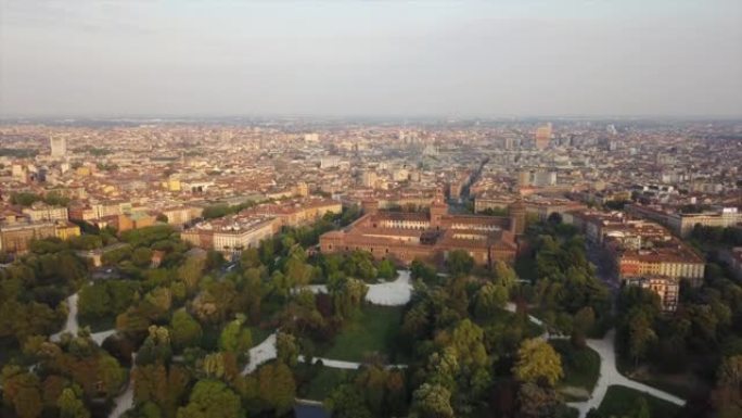 意大利日落时间米兰城市公园城堡空中全景4k
