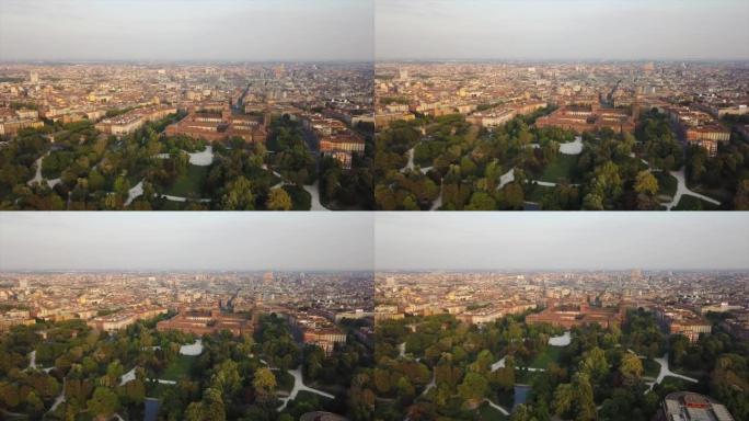 意大利日落时间米兰城市公园城堡空中全景4k