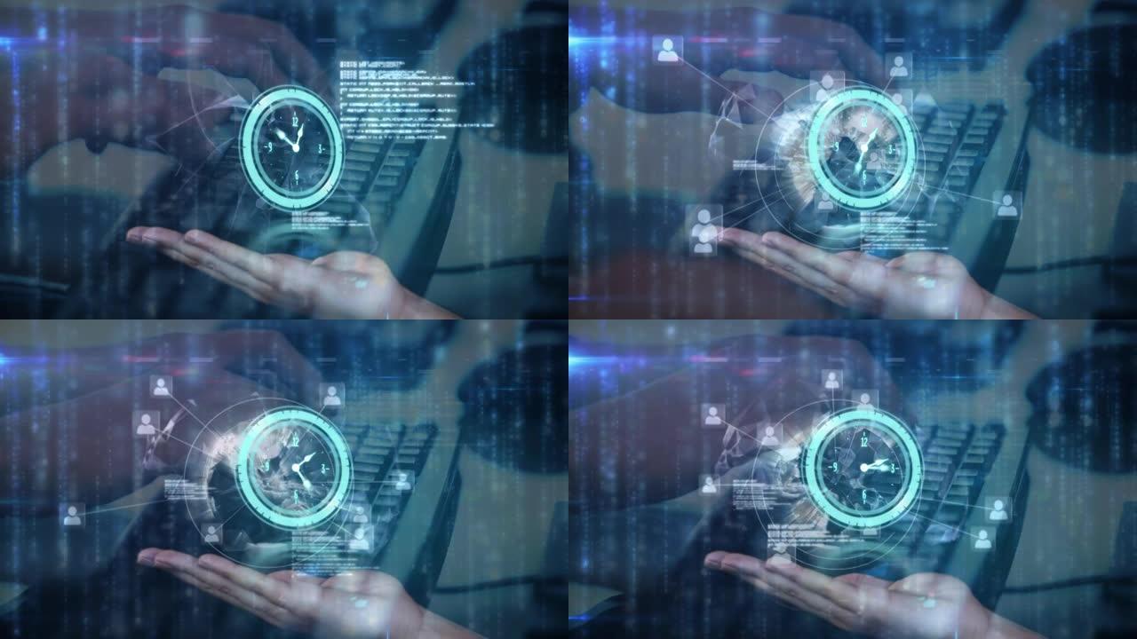 使用计算机在杯形的手上对着人的中间部分进行时钟滴答和数据处理
