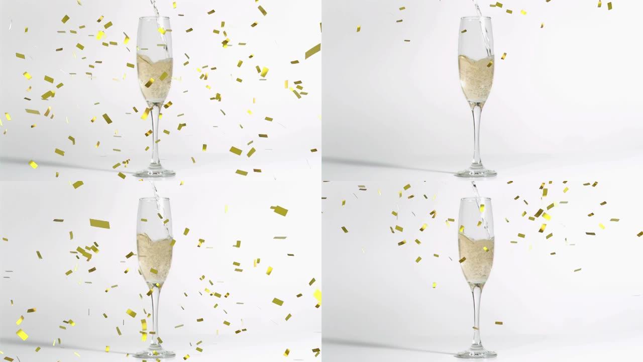 白色背景上的金色五彩纸屑掉落在一杯香槟上的动画