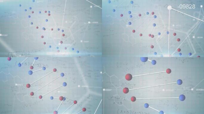 dna链和数字变化的动画，蓝色背景上的医学数据处理