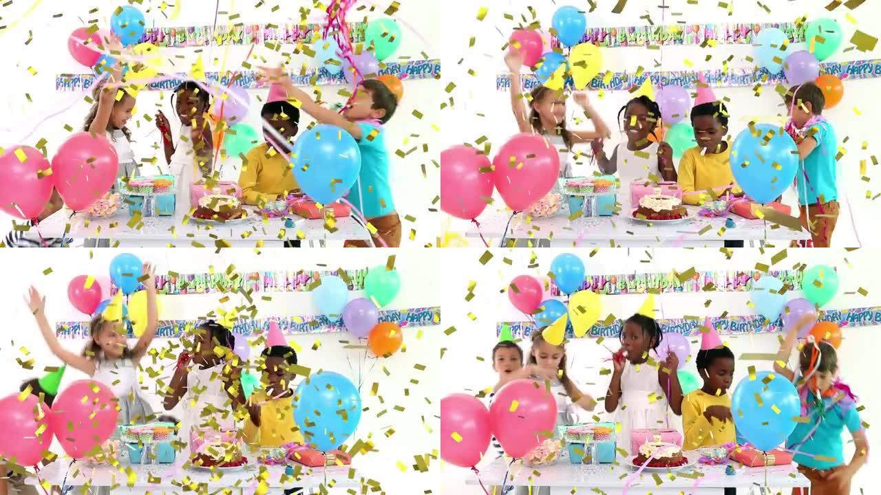 金色五彩纸屑的动画，让各种快乐的孩子在气球派对上玩得开心
