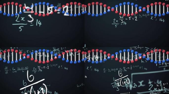 绿色背景上的dna结构根据数学方程旋转的数字动画