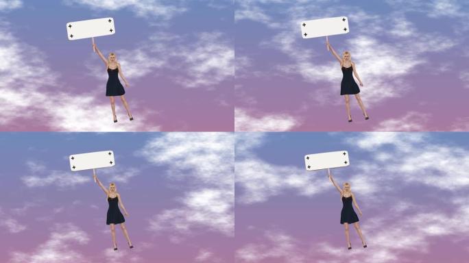 女人空着招牌飞起来，商业广告的概念视频