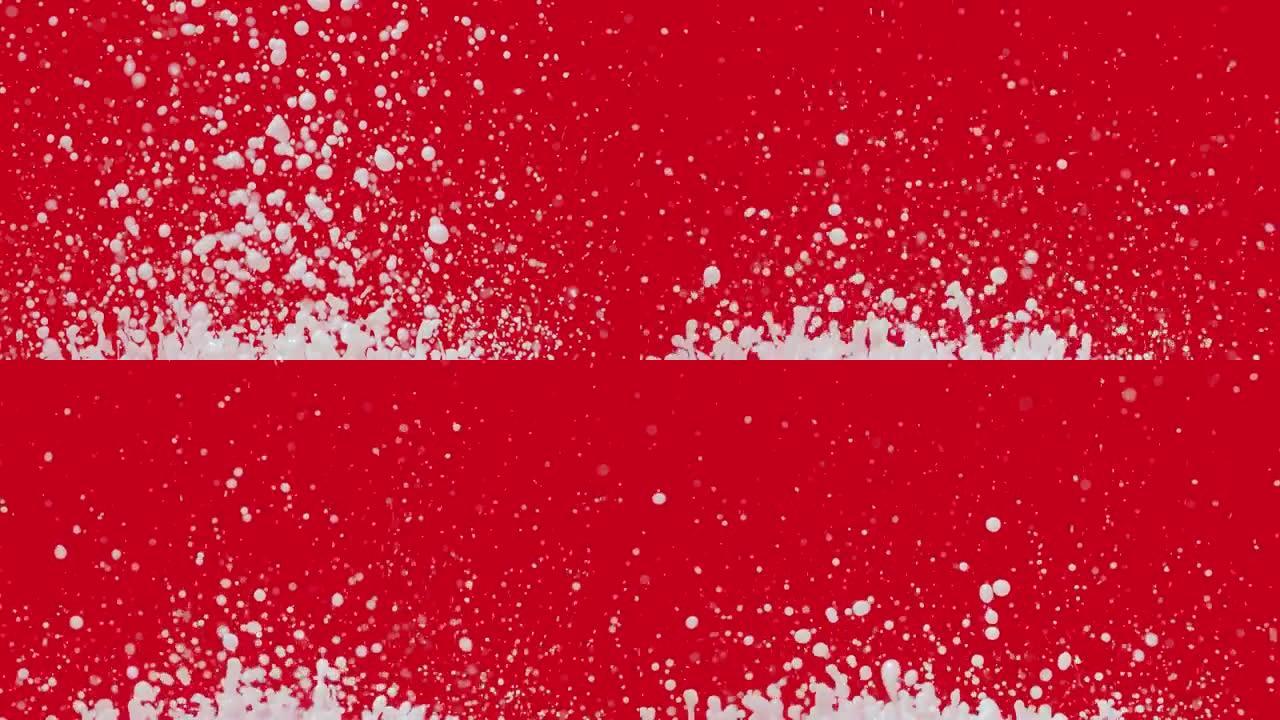 白色的牛奶滴飞起来，并在红色背景上向不同方向喷洒。微距拍摄粘稠的乳状液体，产生由声音振动引起的飞溅和