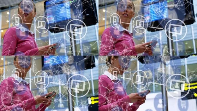 连接网络和数字图标反对在机场使用智能手机的白人妇女