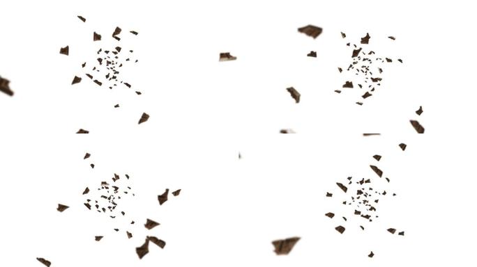 在黑色背景上飞行许多巧克力碎片。食物和糖果。牛奶和黑暗。巧克力旋转的3D循环动画。