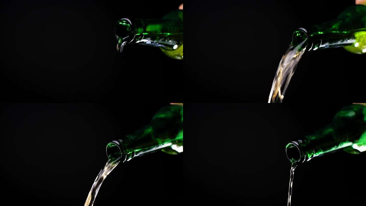 慢动作视频中的啤酒流穿过打开的绿色玻璃瓶
