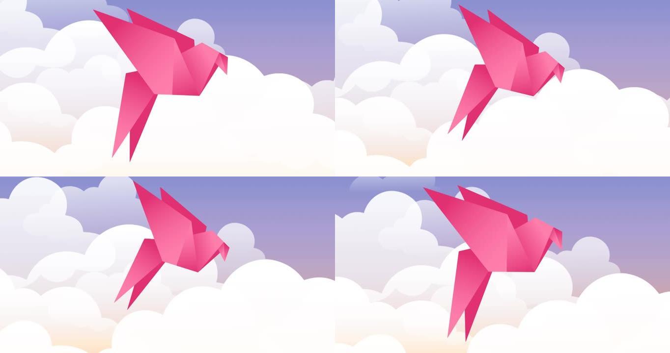 背景中粉红鸟飞过云层的动画
