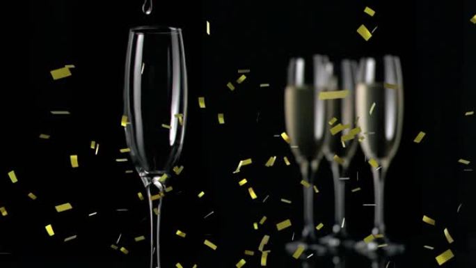 香槟杯和五彩纸屑落在黑色背景上的动画