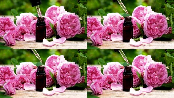 茶玫瑰精油装在一个小瓶子里。选择性聚焦。自然。