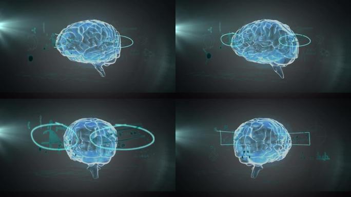 在绿色背景上的光斑上漂浮在旋转的人脑上的数学方程式
