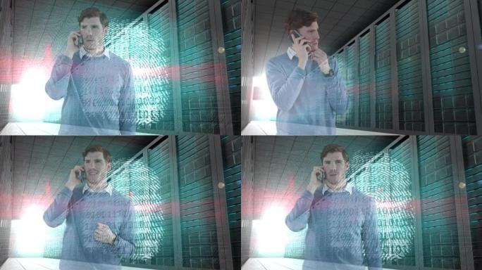 商人在二进制编码，生物识别指纹和计算机服务器上的动画