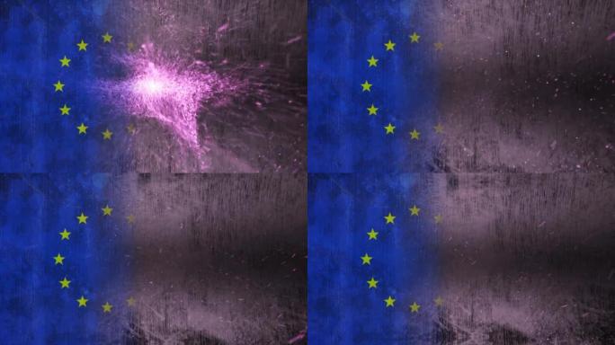 欧盟国旗上发光的紫光痕迹的动画