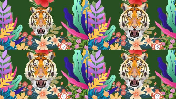 绿色背景上五颜六色树叶离别揭示老虎的动画