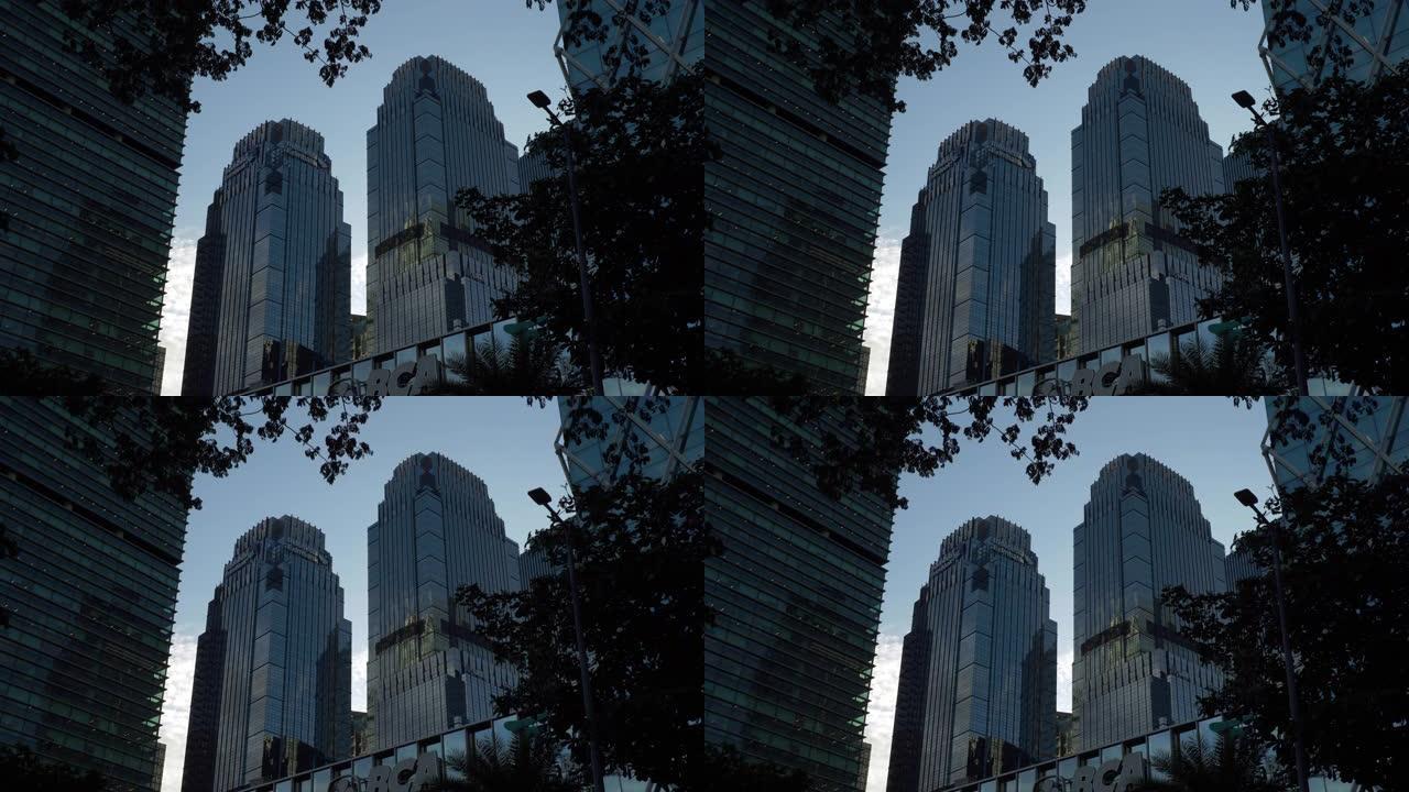 日落时间雅加达市商业市中心建筑正面景观慢动作全景4k印度尼西亚
