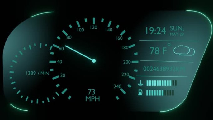 夜间仪表板上的汽车速度计。