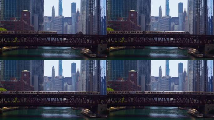 芝加哥环路高架火车线和桥梁经过芝加哥河和河滨
