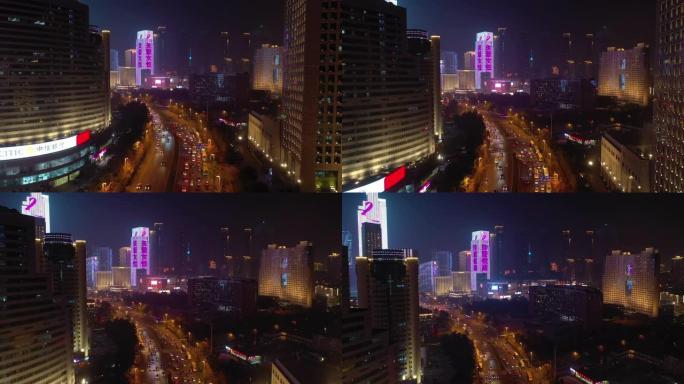 夜间照明青岛市市区街道航空全景4k中国