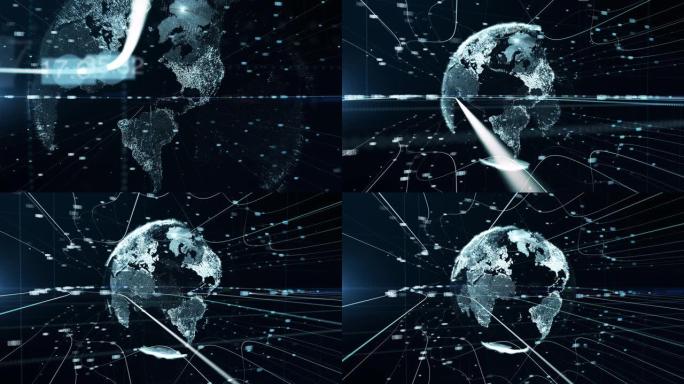 行星地球粒子传递连通性。抽象三维渲染，技术大数据网络概念。