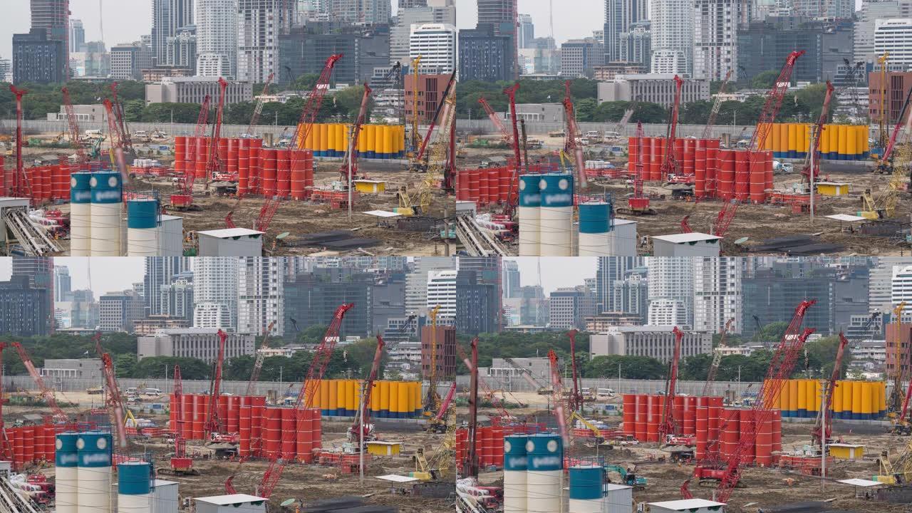 4k延时: 建筑工地工作，摄像头放大