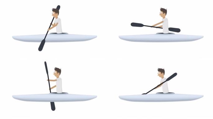 皮划艇运动员。用桨在船上游泳的动画。卡通