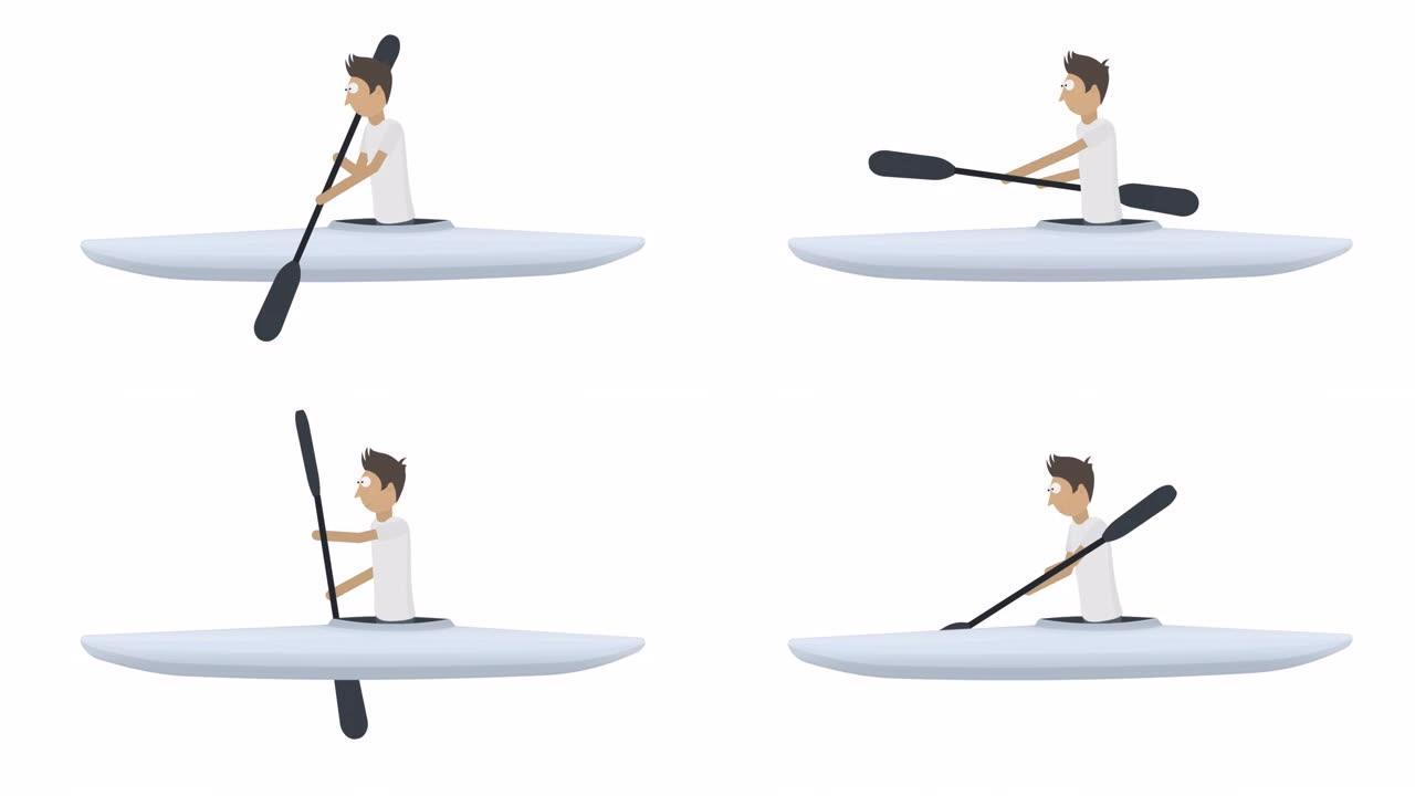 皮划艇运动员。用桨在船上游泳的动画。卡通