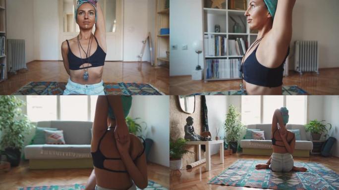 一位女性瑜伽士练习瑜伽并在家里以一个姿势平静地坐着的特写镜头