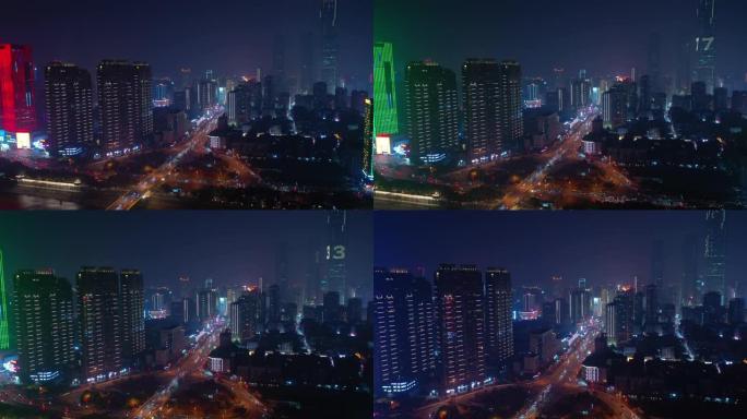 夜间照明长沙市市中心滨河湾交通桥街路空中全景4k中国