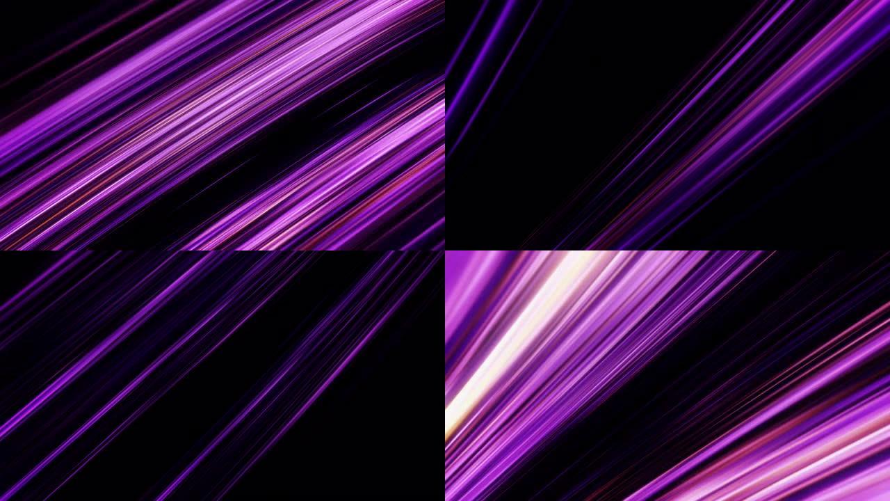 霓虹灯卤素光直射闪烁在黑色背景上，无缝循环。动画。抽象闪烁的紫色线条移动和闪烁混乱