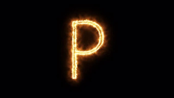 燃烧火焰的字母 “P”。燃烧字体或篝火字母文本，带有炽热的炽热光芒。3D渲染。
