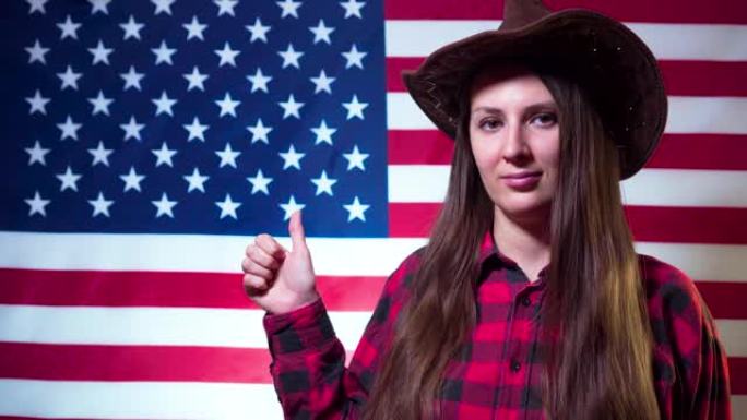 在美国国旗的背景下，一个戴着牛仔帽的女人微笑着，并展示了一个超级标志