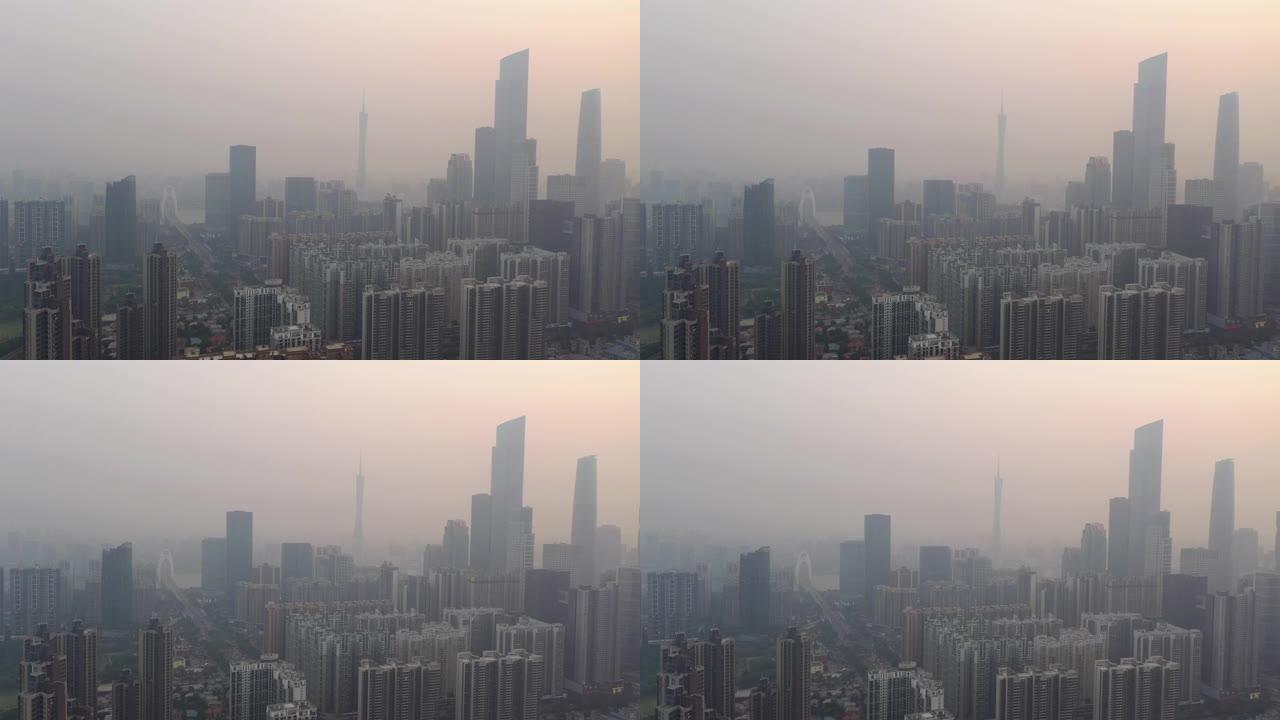 飞越广州市日落时间中心区市中心空中全景4k中国