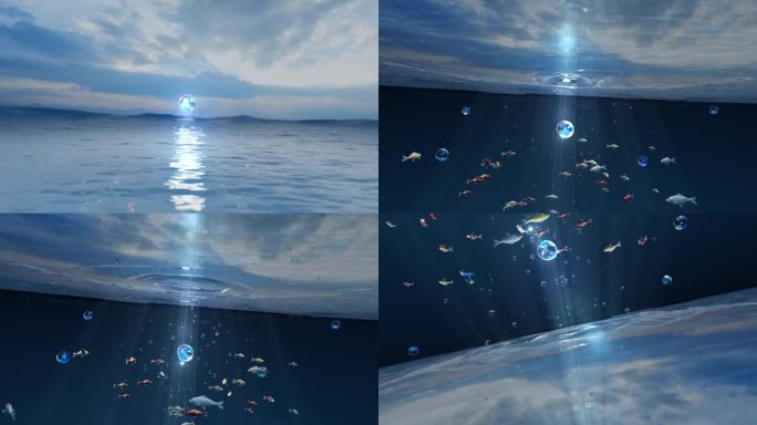 大海,鱼群,水滴,蓝天白云C4D工程文件