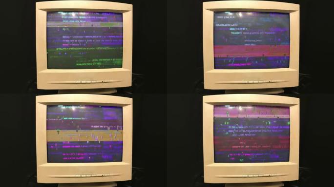 侵入80年代90年代风格的老式电视或电脑显示器屏幕。屏幕监视器上的严重故障。抽象源代码数据流。紫色和