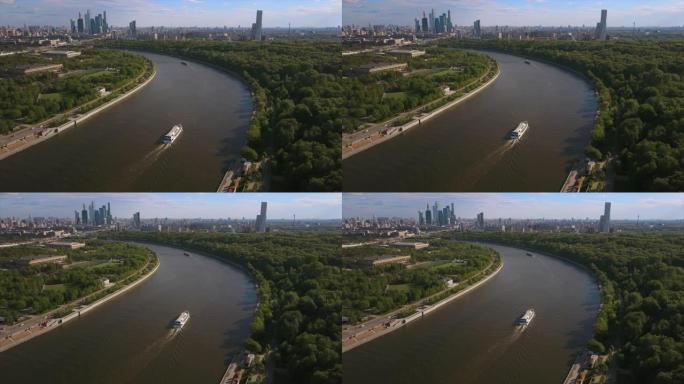 俄罗斯晴天莫斯科市麻雀山城市景观河空中全景4k
