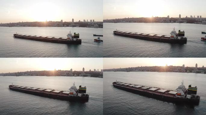 干货船和伊斯坦布尔博斯普鲁斯海峡的鸟瞰图。土耳其的4k镜头