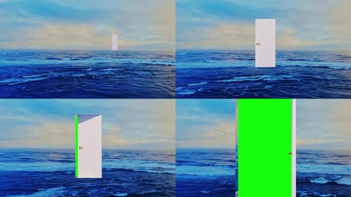 白色的门在开阔的海洋上飞舞，云朵美丽。相机放大，门打开并显示绿色屏幕，该屏幕填充了框架3D插图