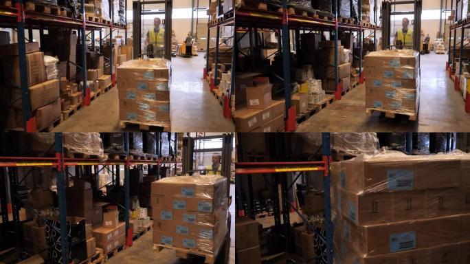 仓库员工在反光制服驾驶叉车。冠状病毒大流行期间工业中的基本工人