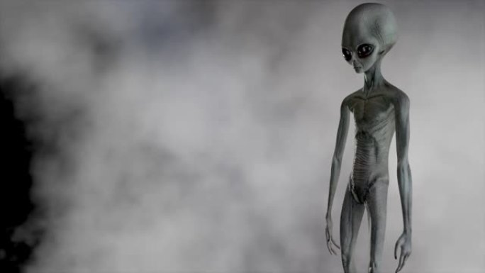 可怕的灰色外星人站在黑暗的烟熏背景上，看起来眨眼。不明飞行物未来主义概念。3D渲染。